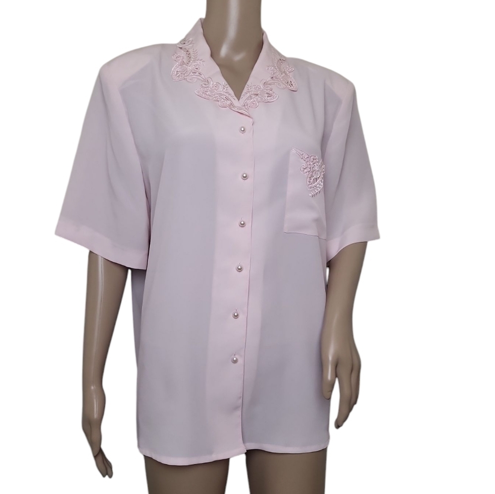 Kathy Che Embroidered Pearl Collar Pink Button Down Blouse